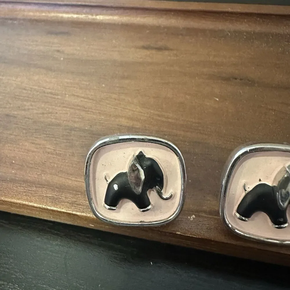 Vintage Hickok Silver Tone Black Elephant Pink Enamel Cuff links MCM USA